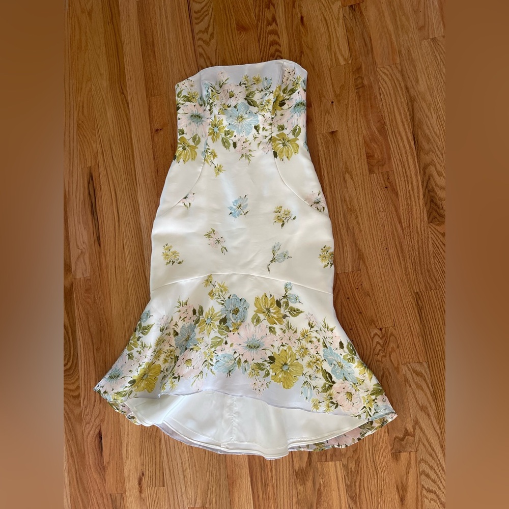 Floral Strapless Dress - White with Green and Blue Accents